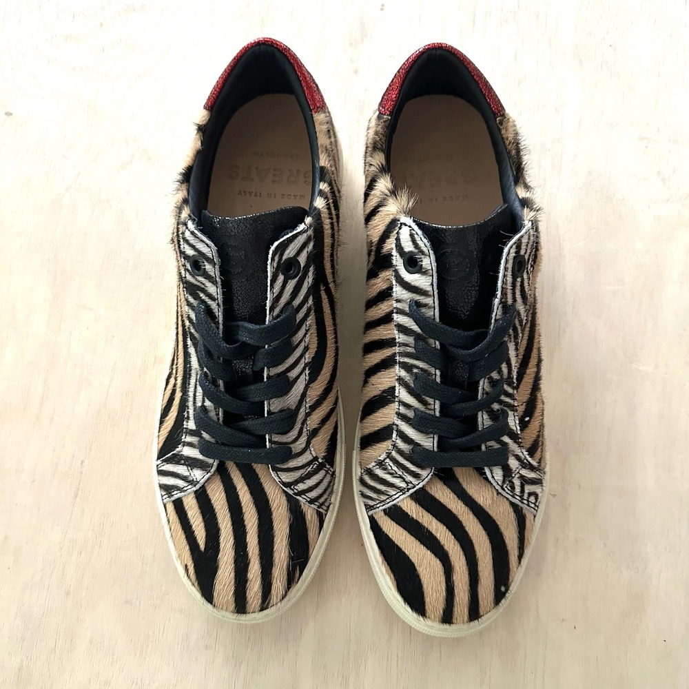 Greats Sneakers Women 10 Zebra Calf Hair Tan Black Red Glitter Low Top Italy